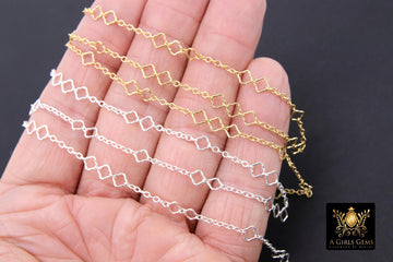 14 K Gold Filled Clover Chain By The Foot, 925 Sterling Silver Quatrefoil Long and Short Rolo Chain